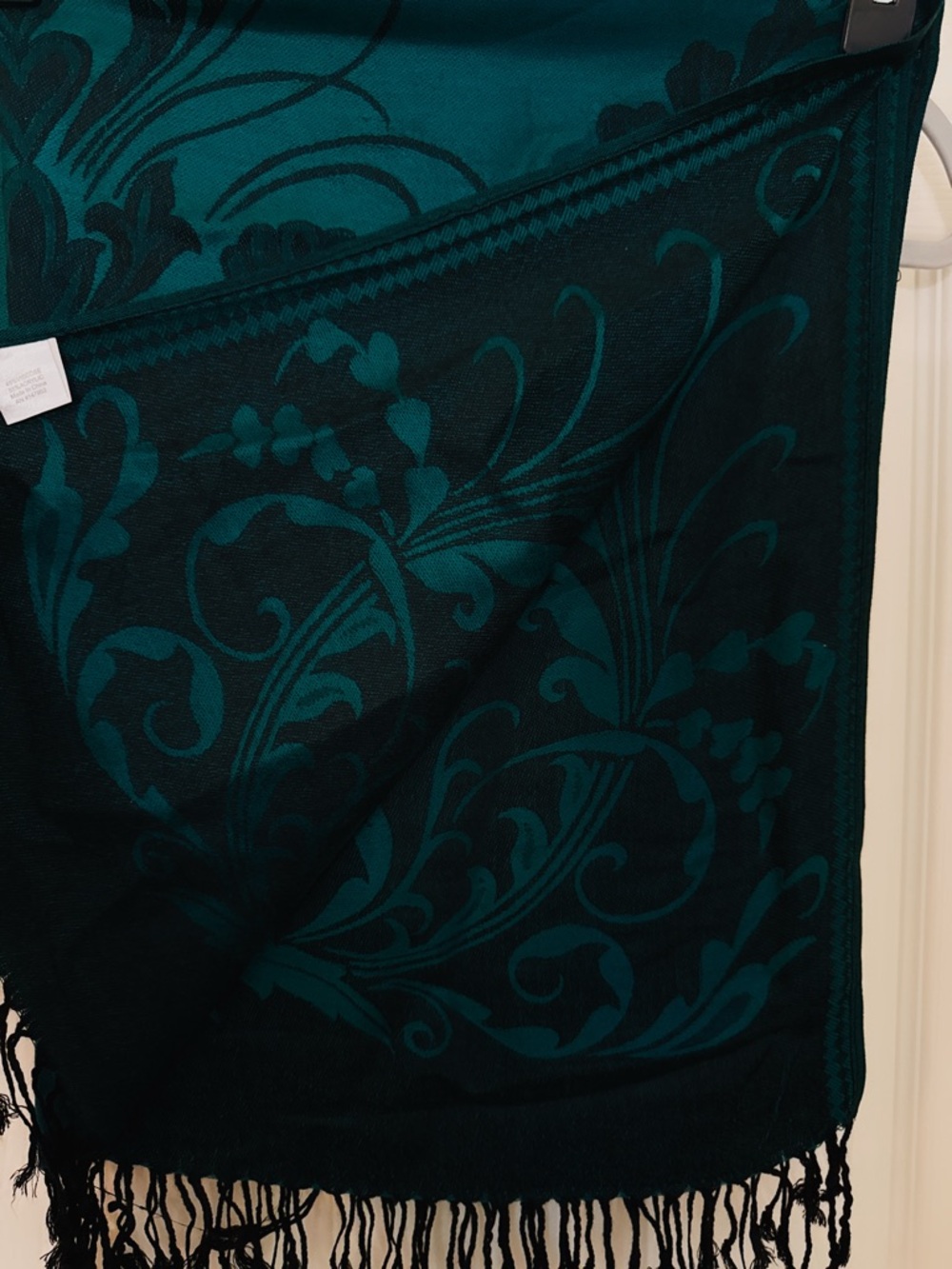 Teal and Black Floral Fringed Shawl